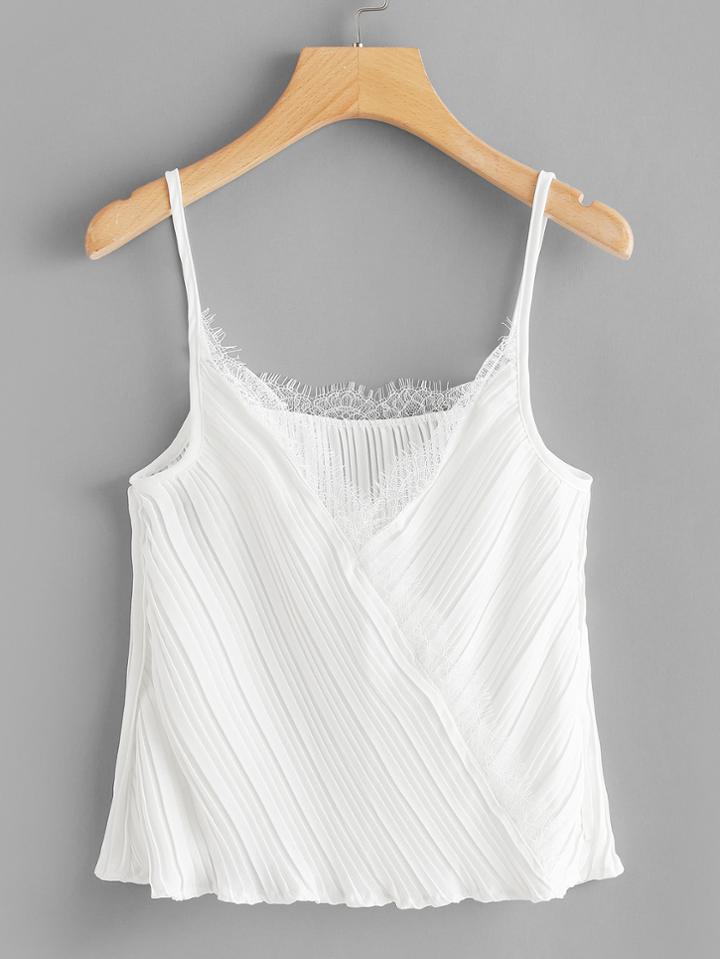 Romwe Lace Trim Pleated Wrap Cami Top