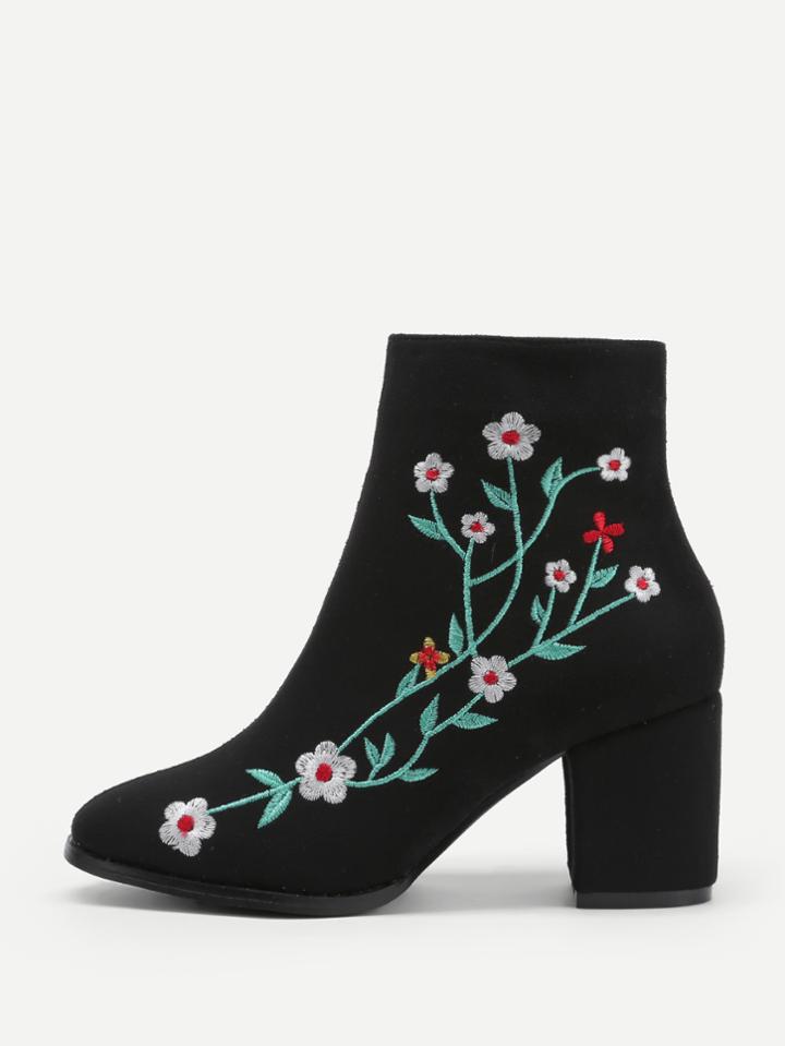 Romwe Embroidered Flower Block Heeled Ankle Boots
