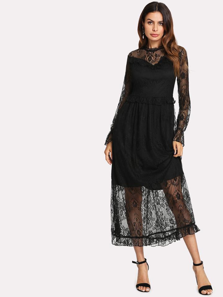 Romwe Lace Overlay Ruffle 2 In 1 Dress