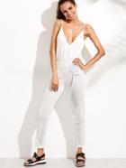 Romwe White Deep V Neck Drawstring Waist Jumpsuit