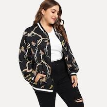 Romwe Plus O-ring Zip Up Chain Print Bomber Jacket