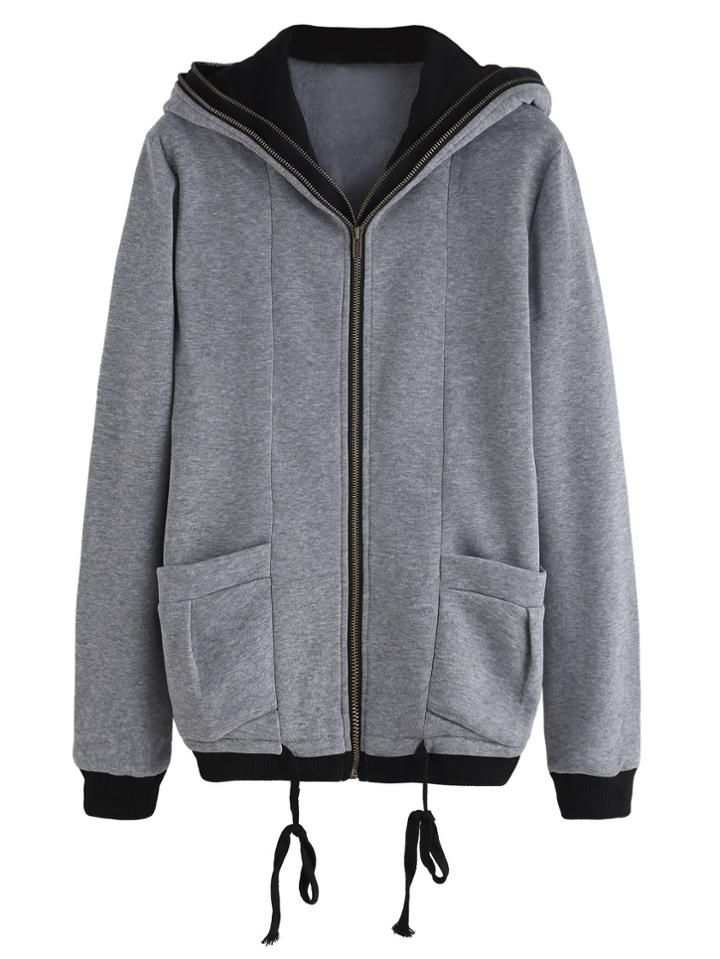 Romwe Grey Pocket Zipper Front Hooded Sweatshirt