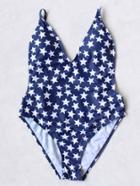 Romwe Blue Star Print V Neck One-piece Swimwear