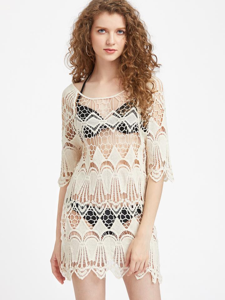 Romwe Chevron Hem Lace Crochet Cover Up Dress