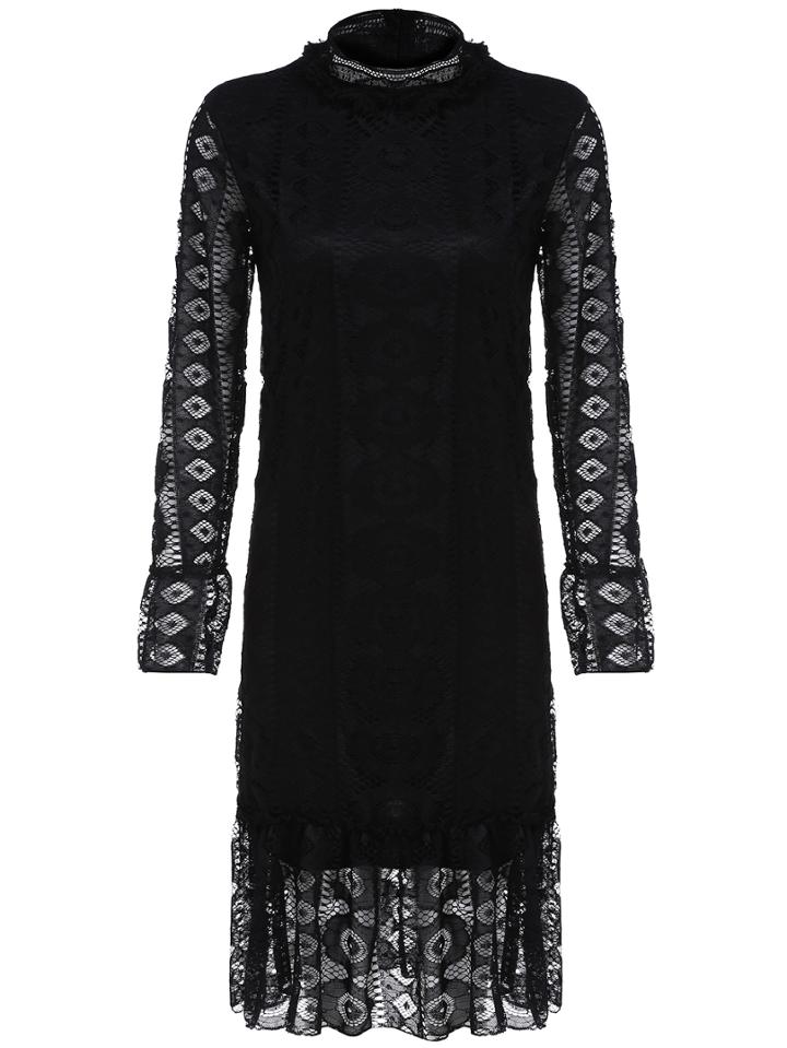 Romwe Stand Collar Hollow Lace Dress