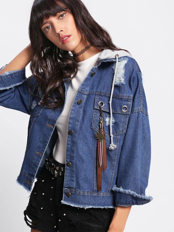 Romwe Raw Hem Ripped Hooded Denim Jacket