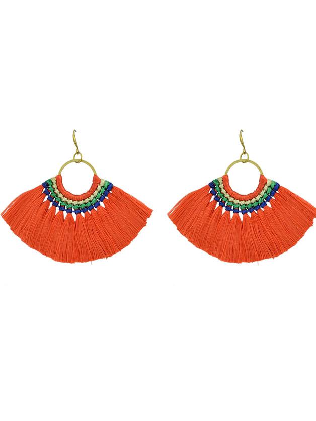 Romwe Orange Boho Fan Shaped Earrings Ethnic Style Tassel Big Earrings
