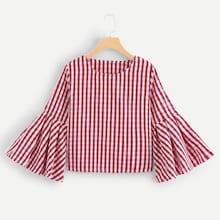 Romwe Flounce Sleeve Checked Blouse