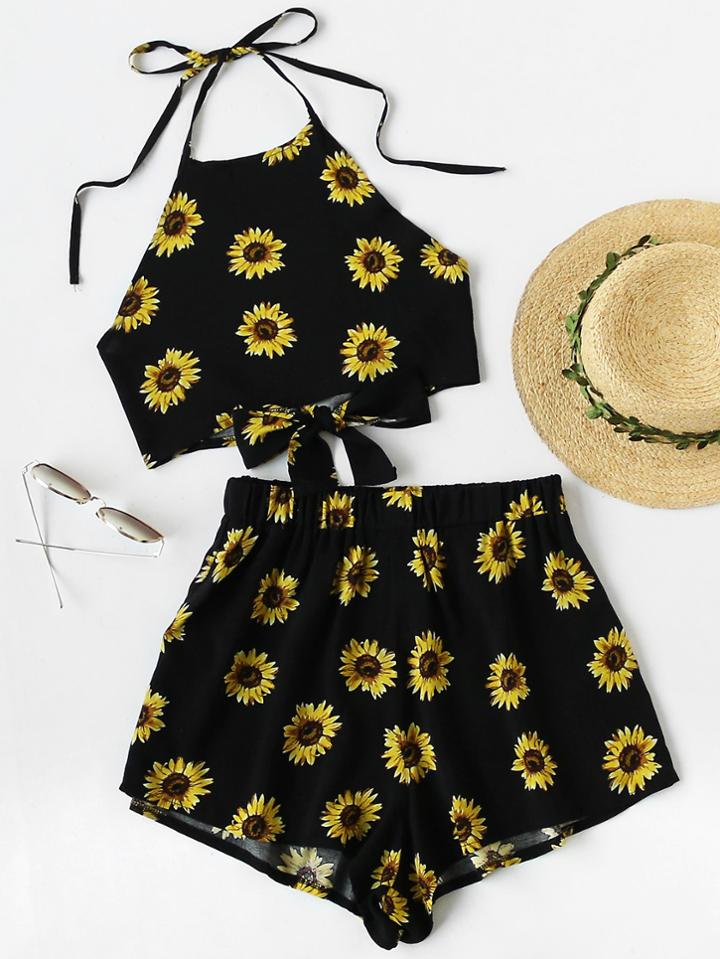 Romwe Chrysanthemum Print Random Knot Open Back Top With Shorts