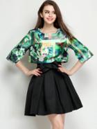 Romwe Flower Print Crop Top With Bow Flare Skirt