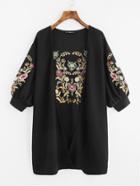 Romwe Lantern Sleeve Open Front Embroidered Coat