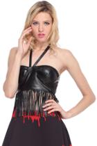 Romwe Tassels Embellished Black Fake Leather Bandeau