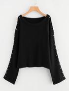 Romwe Open Shoulder Pearl Beading Sleeve Jumper