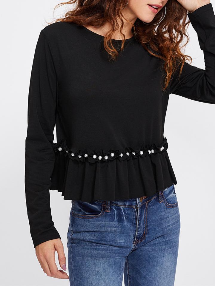 Romwe Pearl Beading Frill Hem T-shirt
