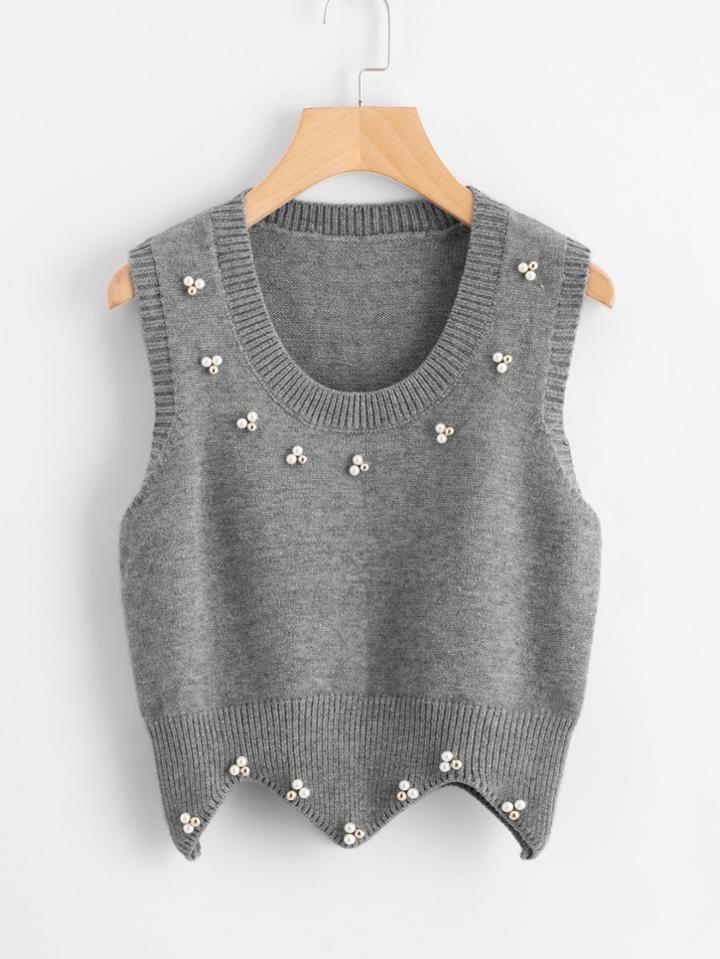 Romwe Pearl Beaded Chevron Hem Knit Top