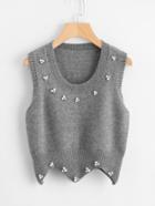 Romwe Pearl Beaded Chevron Hem Knit Top