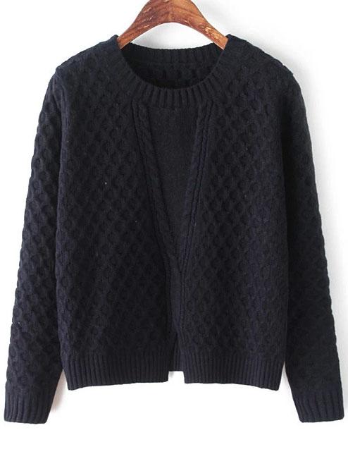 Romwe Plaid Hem Split Navy Knit Sweater
