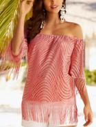 Romwe Pink Off The Shoulder Hollow Out Fringe Top