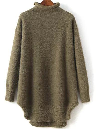 Romwe Turtleneck Loose Army Green Sweater Dress