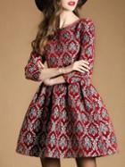 Romwe Red Round Neck Length Sleeve Pockets Print Dress