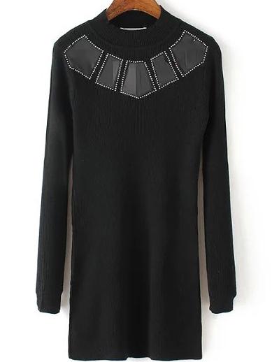 Romwe Mock Neck Beaded Patch Long Black Sweater