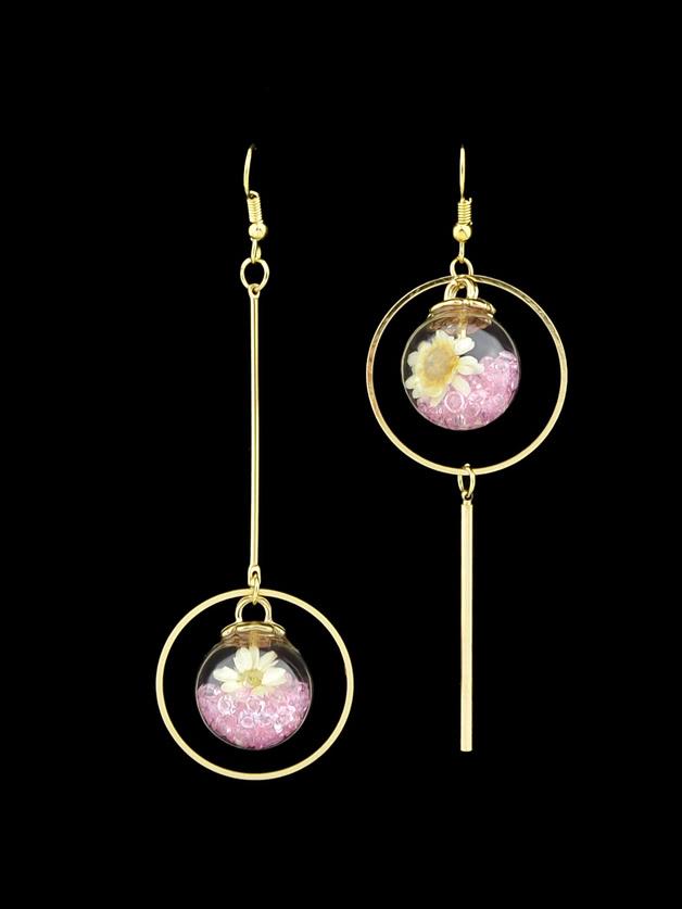 Romwe Pink Round Shape With Flower Shape Pink Gray Purple Stone Earrings