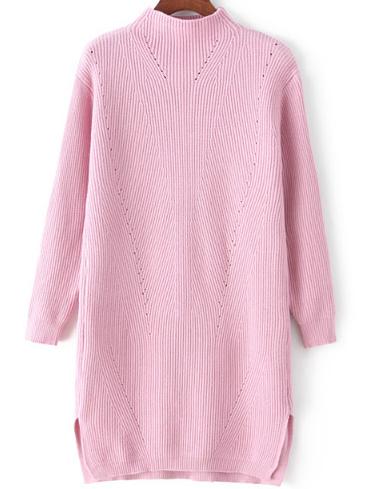 Romwe Mock Neck Dip Hem Split Pink Sweater Dress