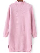 Romwe Mock Neck Dip Hem Split Pink Sweater Dress