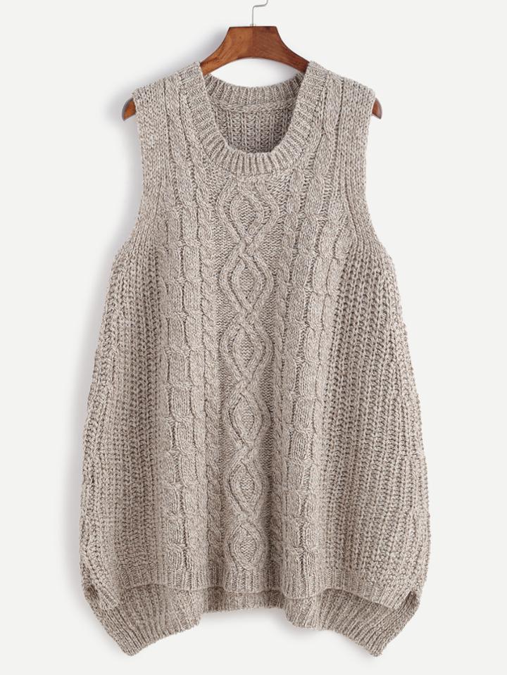 Romwe Khaki Slit Side High Low Cable Knit Sweater Vest