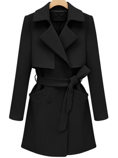 Romwe Lapel Double Breasted Belt Long Black Coat