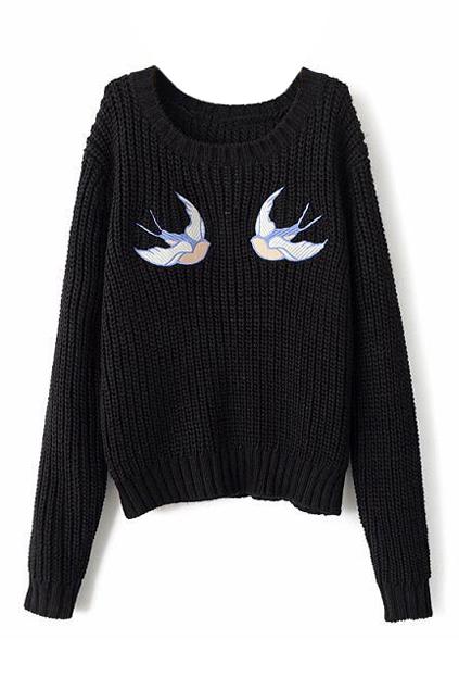 Romwe Double Swallows Embroidered Black Jumper