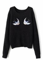 Romwe Double Swallows Embroidered Black Jumper
