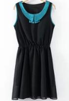 Romwe Black Contrast Collar Sleeveless Pleated Dress