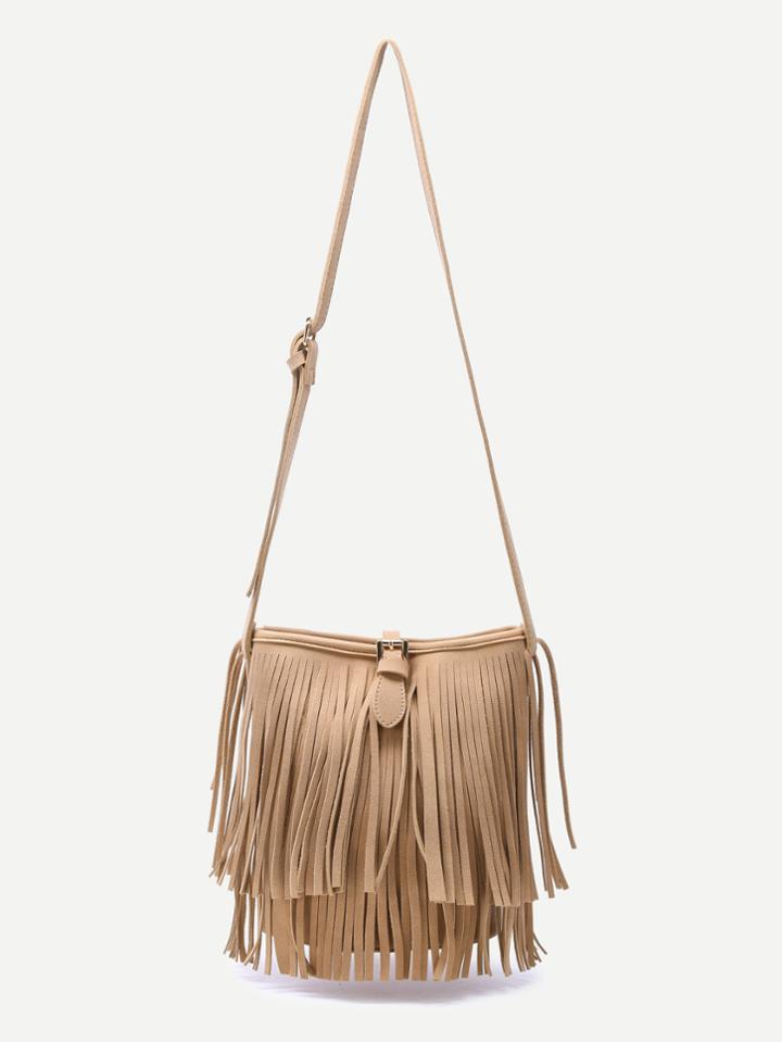 Romwe Khaki Fringe Tassel Buckled Strap Nubuck Leather Crossbody Bag