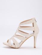 Romwe Beige Faux Suede Caged Studded Peep Toe Pumps