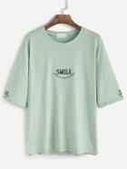 Romwe Light Green Elbow Sleeve Letter Embroidery T-shirt