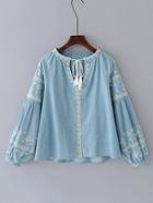 Romwe Tassel Tie Neck Lantern Sleeve Denim Blouse