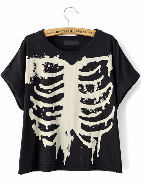 Romwe Black Short Sleeve Skeleton Print T-shirt