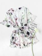 Romwe Floral Print Random Wrap Chiffon Romper With Belt