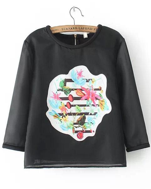 Romwe Embroidered Organza Loose Black Blouse