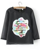 Romwe Embroidered Organza Loose Black Blouse