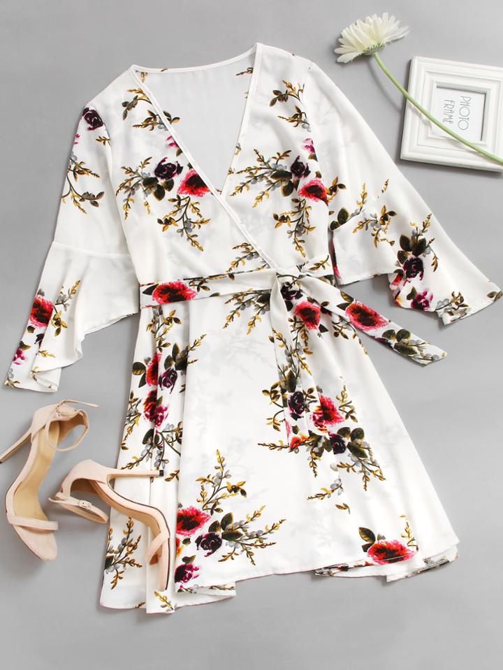 Romwe Floral Print Random Self Tie Wrap Dress