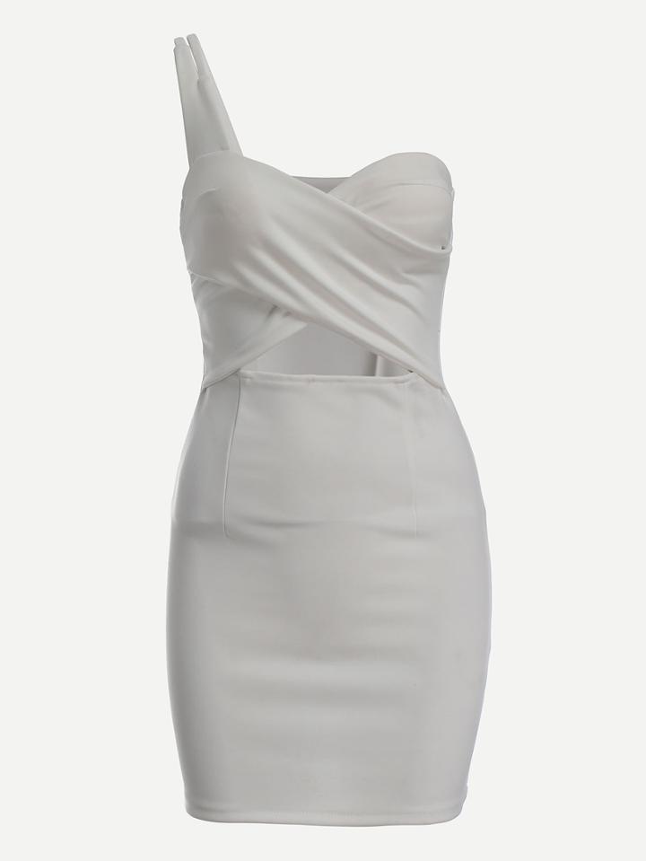 Romwe One-shoulder Cutout Cross Wrap Sheath Dress - White