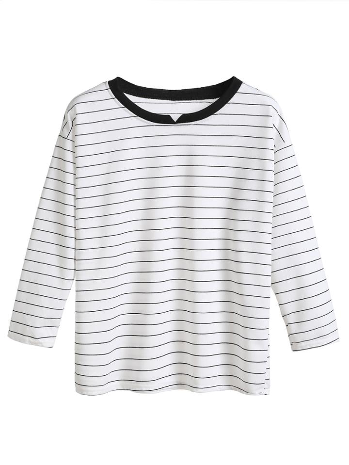 Romwe White Striped Contrast Collar Dropped Shoulder Seam T-shirt