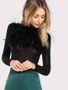 Romwe Faux Feather Embellished Solid Tee