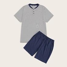 Romwe Guys Button Front Striped Tee & Short Pj Set