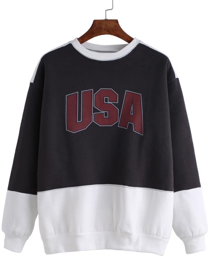 Romwe Color Block Round Neck Usa Print Sweatshirt