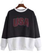 Romwe Color Block Round Neck Usa Print Sweatshirt