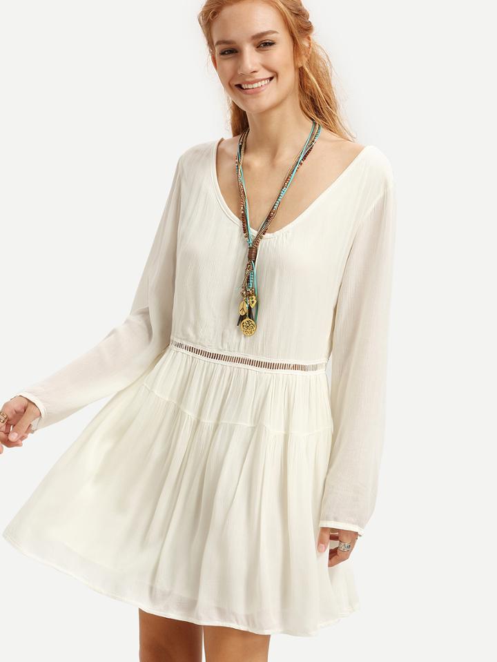 Romwe Beige Eyelet Lace Insert Double Scoop Neck Dress