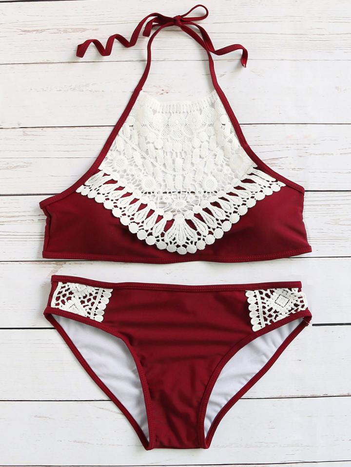 Romwe Burgundy Crochet Detail Vintage Bikini Set